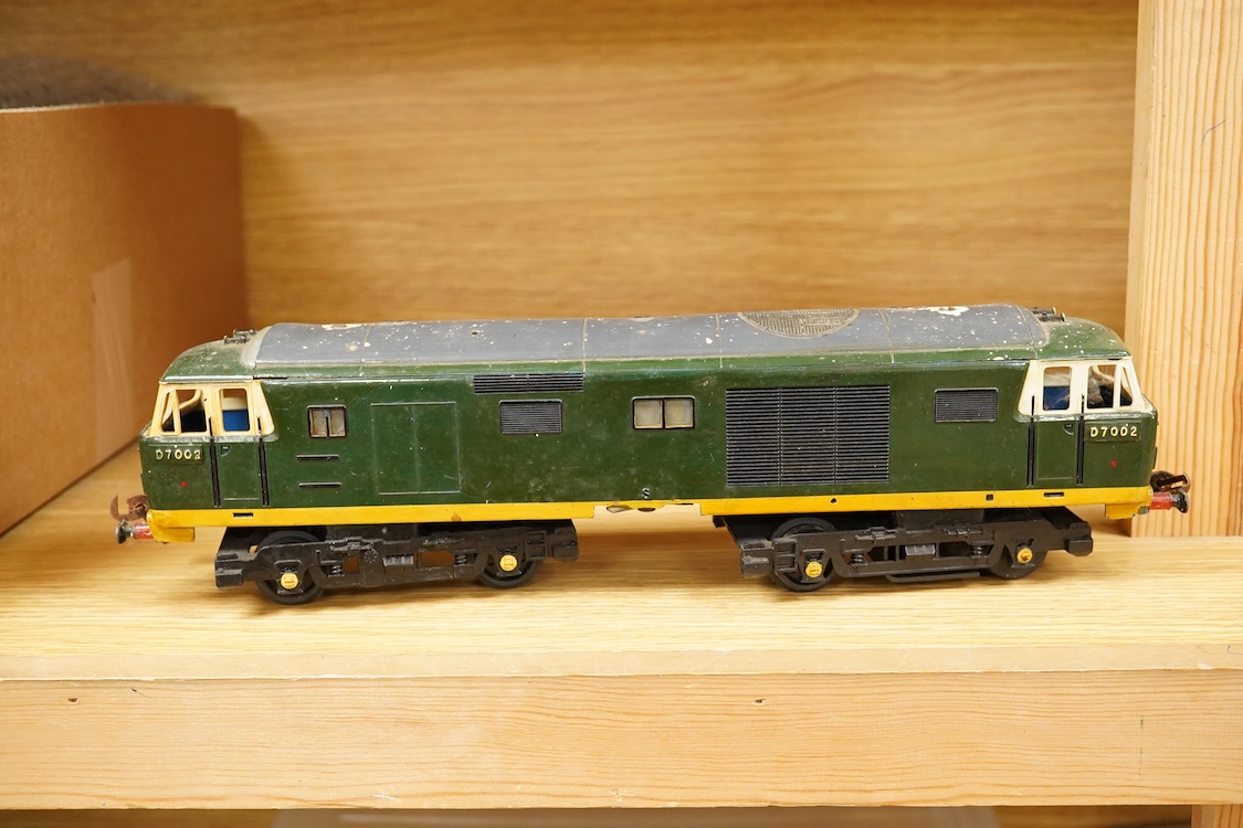 Seven 0 gauge coarse scale LMS and a private owner’s freight wagons, mainly of wood construction, together with the remains of a Tri-ang Big Big Train Class 35 Hymek diesel locomotive (8)